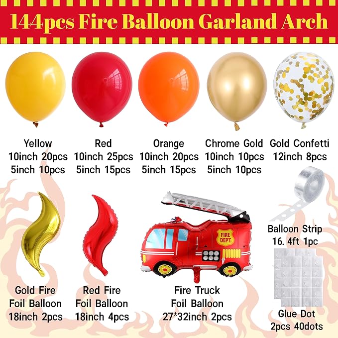Fire Balloon Garland Arch Kit, 144pcs Red Yellow Chrome Gold Balloons with Fire Truck Foil Balloons for Fireman Party Supplies Birthday Firefighter Rescue Themed Party Decoration (Fire)