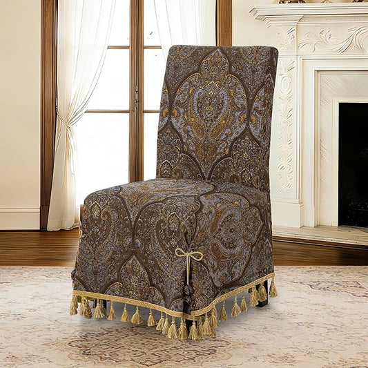 Loom and Mill 1 Piece Luxury Dining Chair Cover, Antique Damask Jacquard Dining Room Parsons Chair Covers with Tassels & Ties, Non Slip Full Cover Protector for Banquet Party(Light Gray+Bronze Gold)