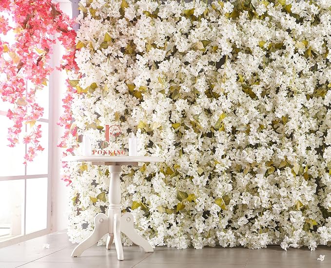 PONKING Flower Garland, Artificial Hydrangea Vine Flowers, Hanging Fake Hydrangeas Vine for Room Anniversary Wedding Birthday Christmas Wall Arch Decor, 2 Pcs, Floral Garland, White Flower