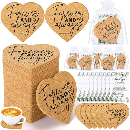 Uiifan 50 Sets Wedding Favors for Guest Heart Shaped Cork Coasters Sets Wedding Gifts Bulk Thank You Cards and Organza Bags Bridal Shower Favors for Souvenirs Engagement Party