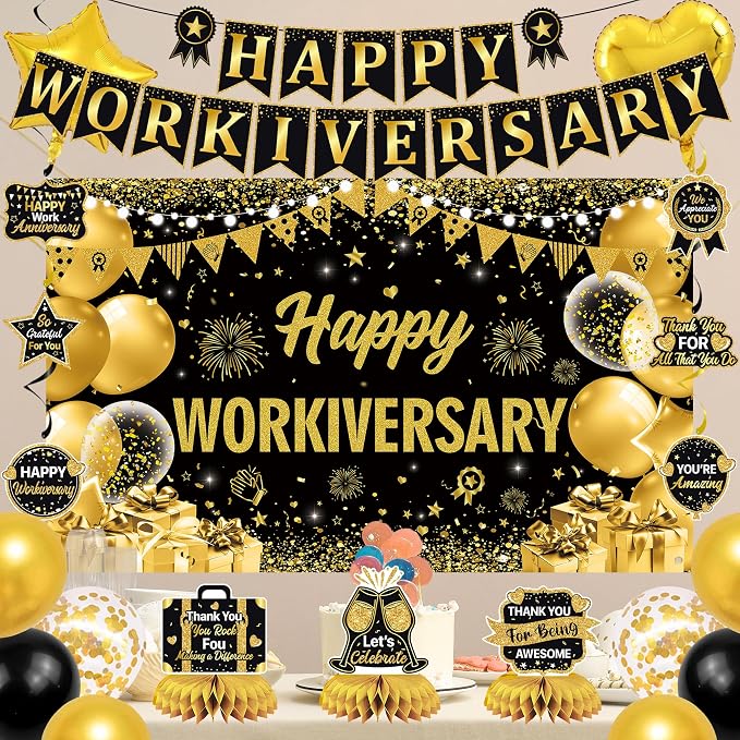 Vlipoeasn Happy Workiversary Banner Decorations for Women Men, Black Gold Work Anniversary Bacdrop Banner Honeycomb Centerpieces, Office Decor Staff Teachers Professors Doctor Nurses Workiversary