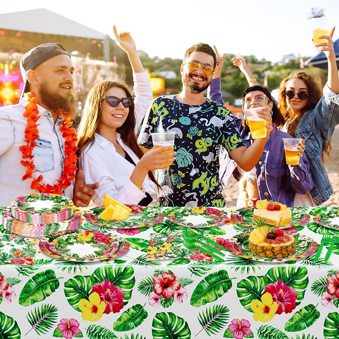 QZYL 122Pcs Luau Party Decorations, 30 Sets Paper Luau Plates and Napkins, Disposable 9" and 7" Hawaiian Party Decorations, Rectangle Hibiscus Palm Leaf Tableware for Summer Holiday Hawaiian Supplies