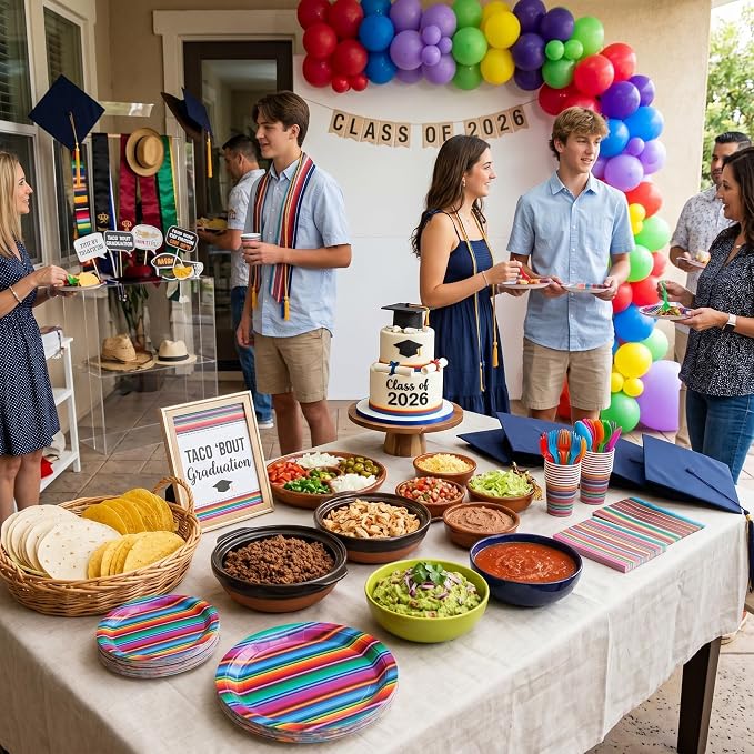 450 Pcs Mexican Serape Party Tableware Set Fiesta Decorations Taco Bar Paper Plates Colorful Stripes Napkins Cups Cutlery Straws for Taco Tex Mex Birthday Party Supplies, Serves 50