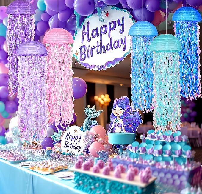 OBXT 10" Mermaid Jellyfish Lanterns – Pink Purple Blue Decorations for Mermaid Birthday Party, Under the Sea Theme, Baby Shower, Ocean & Beach Room Hanging Decor (Set of 6)