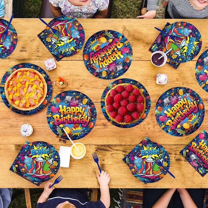 96 Pcs Graffiti Birthday Party Supplies Hip Hop Retro Graffiti Plates and Napkins Colorful Paint Splatter Tableware Set for Boys Girls Birthday Retro Paint Party Supplies, Serves 24