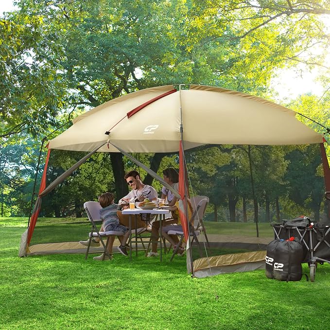 CAMPROS CP Screen House 12 x 10 Ft Screened Mesh Net Wall Canopy Tent Screen Shelter Gazebos for Patios Outdoor Camping Activities - Beige