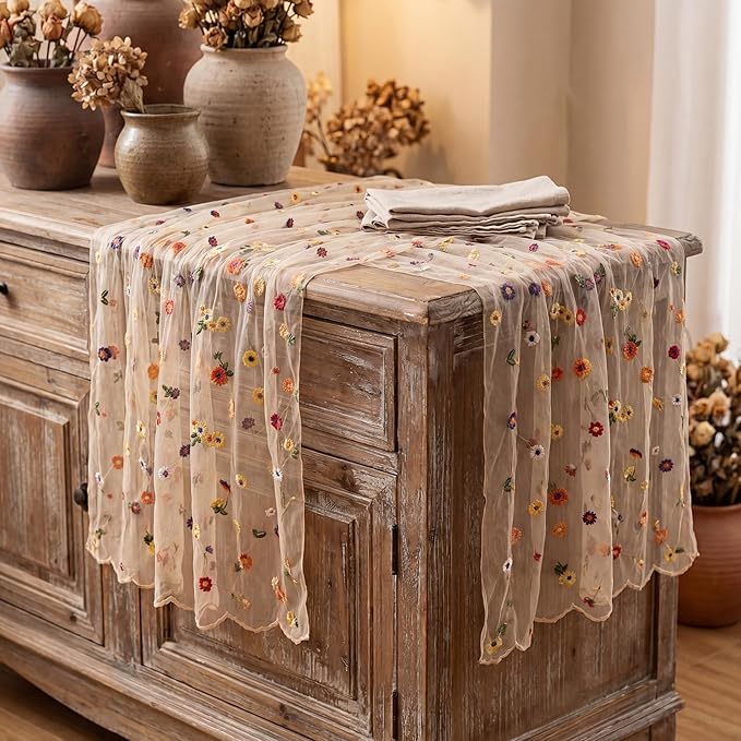 Floral Table Runner 30 x 120 Inch, 6 Pack Champagne Embroidered Daisy Sheer Tulle Gauze Table Runner for Wedding, Birthday Tea Party, Home Dining Decor