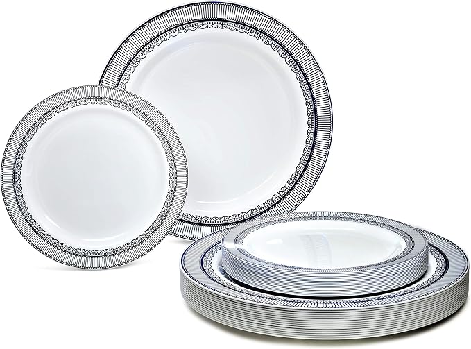 OCCASIONS 240 Plates Pack,(120 Guests) Heavyweight Premium Wedding Party Disposable Plastic Plates Set -120 x 10.5'' Dinner + 120 x 7.5'' Salad/Dessert (Louvre in Metallic Blue)