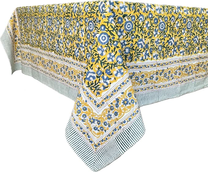 ATOSII Marigold Blue Yellow 100% Cotton Fall Tablecloth, Handblock Print Rectangle Table Cover for Kitchen Dining Linen I Parties, Weddings, Outdoors, Easter Table Decor 60 X 90 Inches I 6 Seater