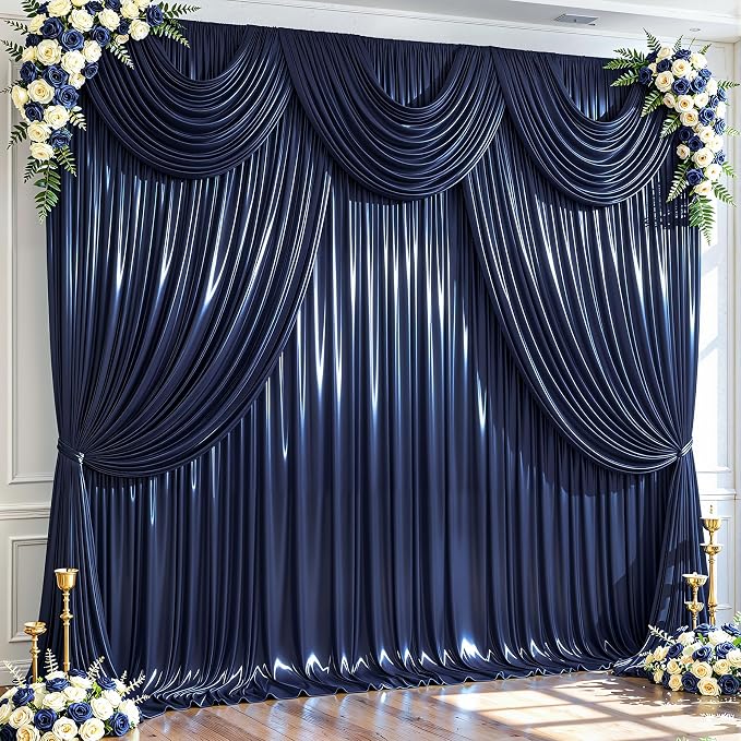20x10ft Navy Blue Glitter Backdrop Curtain for Parties, Wrinkle Free Satin Photo Backdrop Drapes 4 Panels 5x10FT Shimmer Back Drop Cloth for Wedding Birthday Baby Shower Photography Background Decor