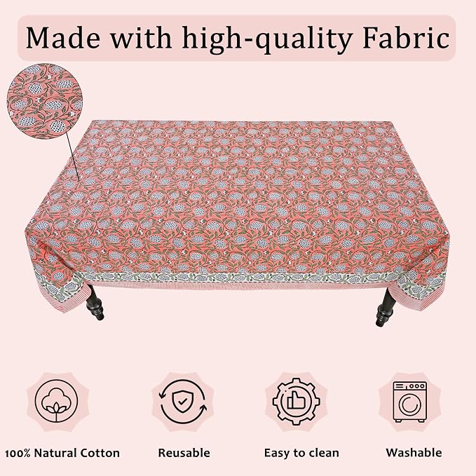 Ridhi Dark Salmon Pink Hand Block Print Cotton Rectangle Tablecloth 118" x 70" inches Reusable Table Cover Decorative Everyday Use for Dining Room, Farmhouse, Home Gift for Spring, Mother's Day