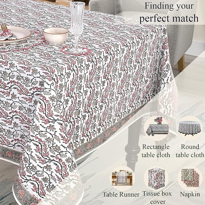 Ridhi Coral Pink Hand Block Print Cotton Rectangle Tablecloth 160" x 72" inches Reusable Table Cover Decorative Everyday Use for Dining Room, Farmhouse, Home Gift for Spring, Mother's Day
