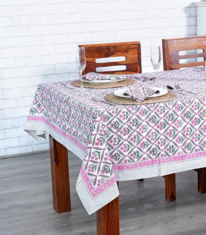 Ridhi Pink and White Hand Block Print Cotton Rectangle Tablecloth 102" x 48" inches Reusable Table Cover Decorative Everyday Use for Dining Room, Farmhouse, Home Gift for Spring, Mother's Day