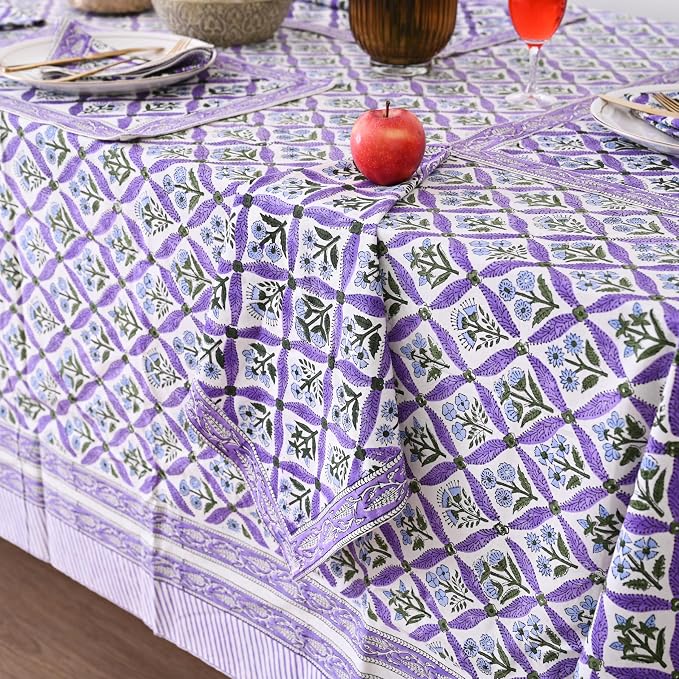Hand Block Printed Tablecloth, Colorful Floral Print, Indian Artisan Handmade Art, Dining Room, Kitchen, Outdoor Décor, (Royal Purple Flora, 16 Seater 72 x 190 Inches Rectangle)
