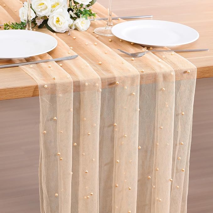 BINBE 4pcs Pearl Table Runner Spring Summer Rustic Boho 10ft Tulle Table Runner for Baby Shower Wedding Veil Holiday Dessert Table Decor Champagne