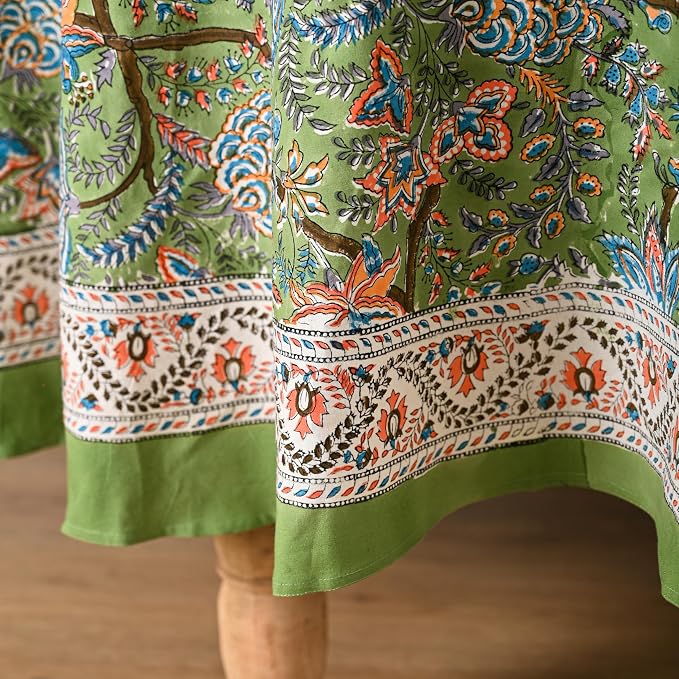 Hand Block Printed Tablecloth – Colorful Floral Print | 100% Cotton | Indian Artisan Handmade Art | Dining Room, Kitchen, Outdoor Décor, (Forest Ash Elegance, 108 Inches Round)
