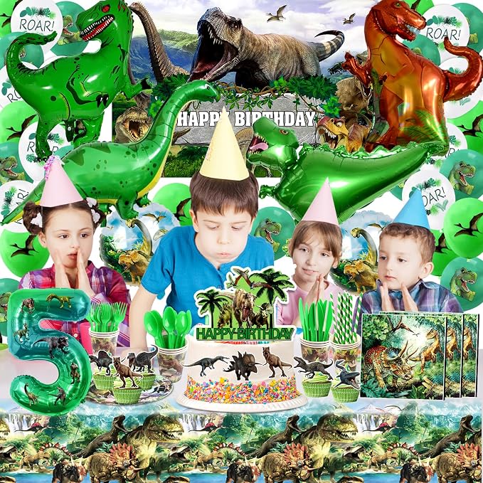 Dinosaur Birthday Decorations,Dino Theme Party Supplies&Decorations,Dinosaur 5th Birthday Party Supplies Include Banner, Backdrop, Tableware Set, Tablecloth, Cake Toppers, Balloons