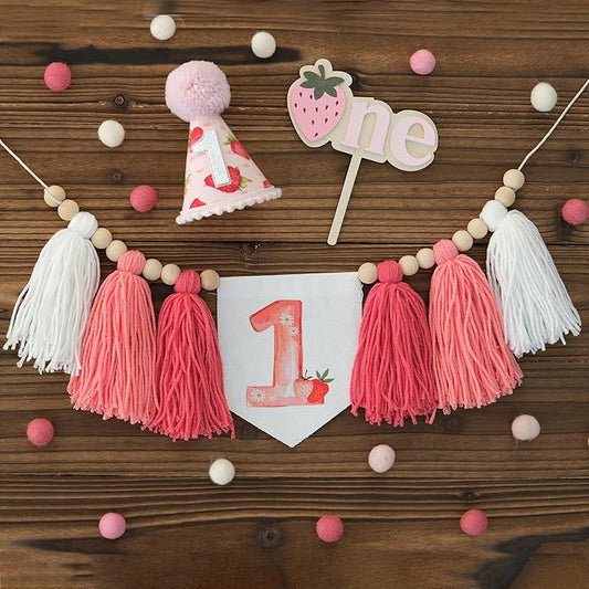 Pink Strawberry Handmade 1st Birthday High Chair Banner One Party Hat Strawberry Theme One Cake Topper for Baby Girls Tassel Garland 1 Party Decorations Berry First Birthday Decor