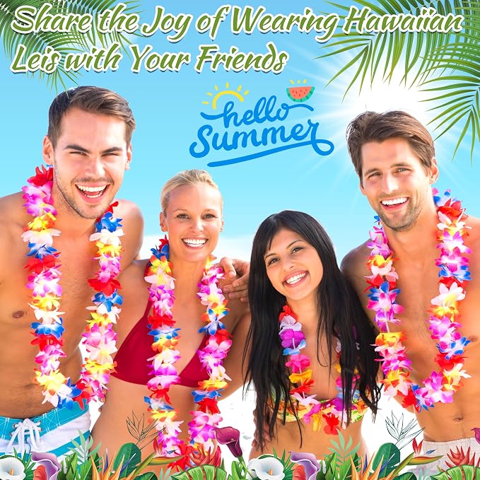 120 Packs Hawaiian Luau Leis Bulk Tropical Hawaii Theme Silk Flower Necklace Summer Beach Party Decorations Birthday Party Favors