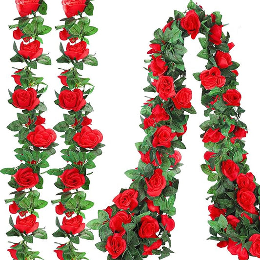 Aneco 4 Pack 32 FT Red Flower Garland Kentucky Artificial Rose Vines Derby Roses Fake Vine Flowers Plants Party Supplies for Kentucky Holiday Wedding Garden Craft Art Decoration