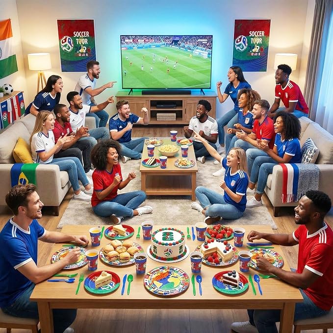 168 PCS 2026 Soccer Themed Party Supplies, Disposable Tableware Set Serves 24, International Flag Plates Cups Napkins Cutlery for Game Day Celebrations