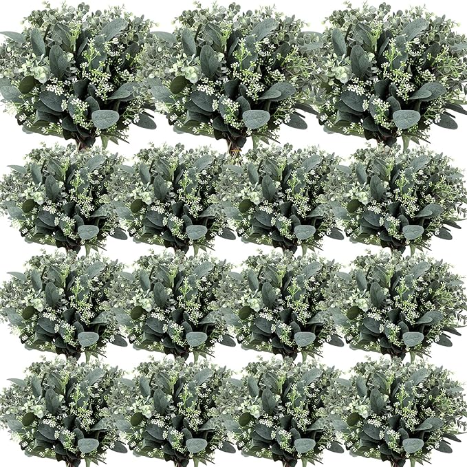 Janinka Mixed Eucalyptus Leaves Stems Bulk with White Seeds Artificial Silver Dollar Leaves Sprays Faux Oval for Wreath Garland Floral Bouquets Arrangement Wedding Greenery Decoration (260)