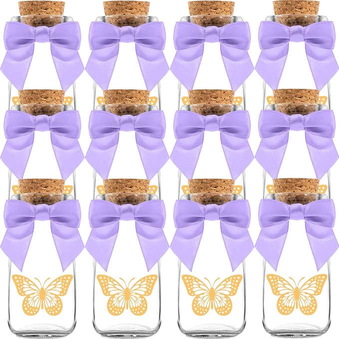 Ethisa Vintage 12 Pack Butterfly Party Favor Glass Bottles with Ribbons and Stickers - Classy Baby Shower and Birthday Favors for Guests and Table Centerpieces Decorations - Purple Theme Candy Jar