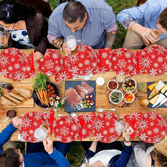 ZOIIWA 200 PCS Christmas Theme Party Tableware Disposable Merry Christmas Party Supplies Dinnerware Set Xmas napkins Snowflakes Paper Plates Bulk Christmas Dinnerware Party Decoration Serve 50 guest
