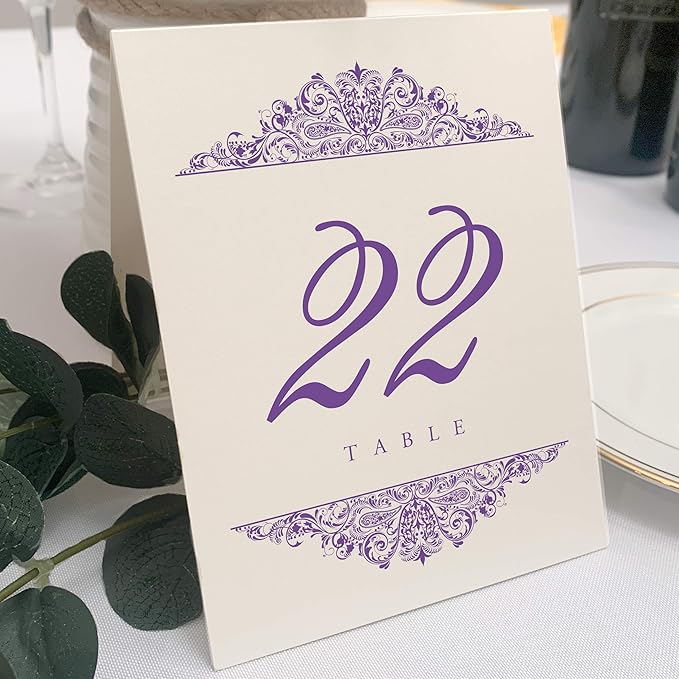 Paisley Wedding Table Numbers (Select Color/Quantity), Champagne, Purple, 1-15, Double Sided, Tent or Use in a Stand, Great for Parties & Restaurants - Made in the USA