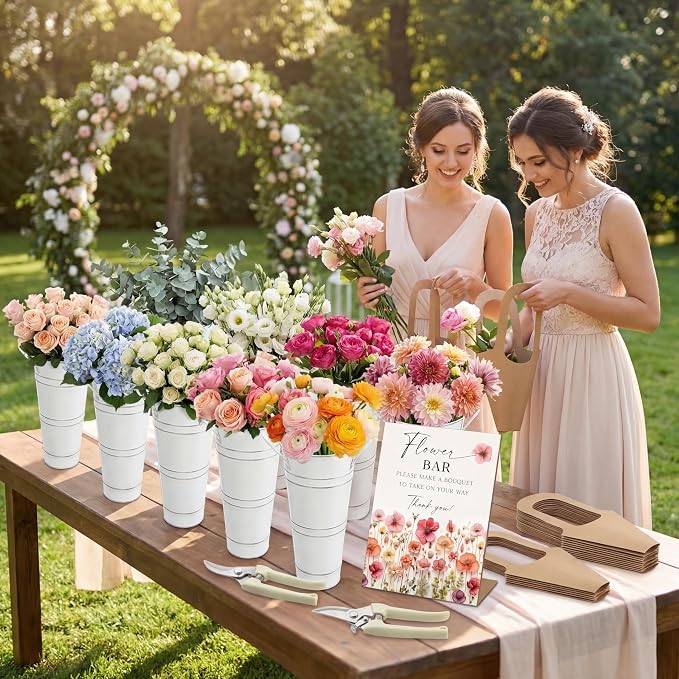 LEIFIDE Flower Bar Buckets Set Kit Bloom Bar Supplies Include Wood Sign Gift Bags Iron Bucket Garden Flower Shears for Wedding Bridal Shower Graduation Birthday Table Centerpieces(45 Pcs,White)