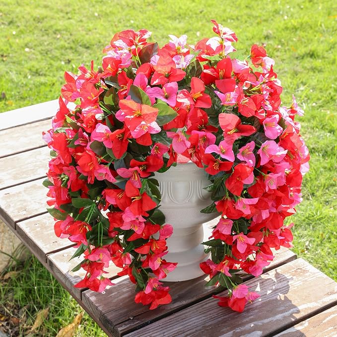 Faux Bougainvillea Artificial Flowers Plants for Outdoors Outside Decoration, 2 pcs Fake Flowers Realistic UV Resistant Silk Long Trailing Vines for Front Door Porch Planter Urn Patio Balcony Yard,Mix