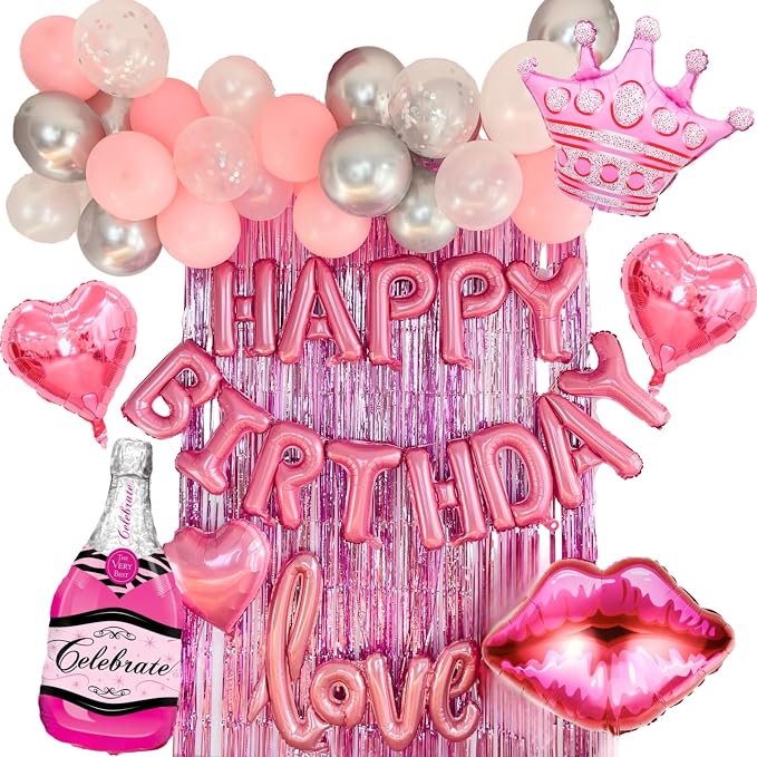 Vidal Crafts Pink Birthday Decorations – 71-Piece Happy Birthday Decorations with Latex, Foil & Confetti Balloons, Happy Birthday Banner & Foil Fringe Curtains for Fun Birthday Parties