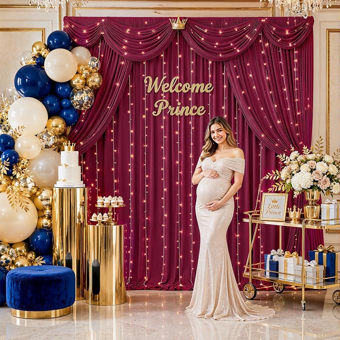 Burgundy Backdrop Curtains with Lights for Parties,10x10FT Wrinkle Free Wedding Photo Backdrop Curatin Drapes Fabric for Baby Shower Birthday Ceremony Reception Home Party Decorations