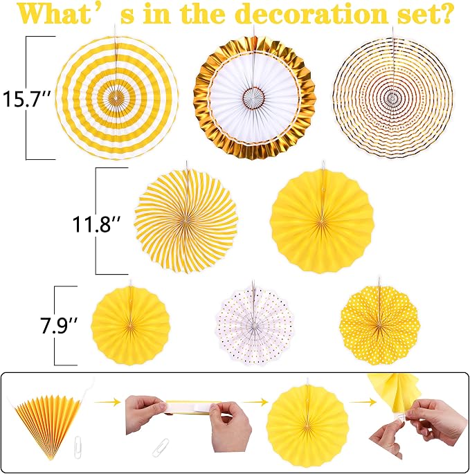 Moon Boat 35PCS Party Decorations Paper Fan Hanging Set - Birthday,Baby Shower,Lemon,Sunflower Theme Decor (Yellow)