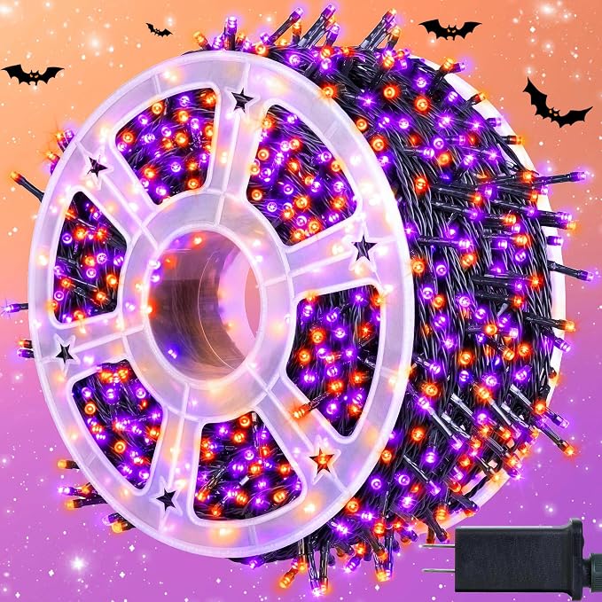 kemooie 500 LED Halloween Lights, 164FT 8 Lighting Modes Plug in Waterproof Fairy Lights for Outdoor Tree Party Garden Balcony Halloween Decorations (Purple and Orange)