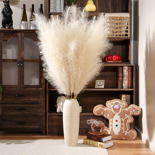 Premium Faux Beige Pampas Grass – 55" 8pcs Tall Ultra-Fluffy 24-Branch One-Piece Stems No Assembly, Luxury Silk-Feel Feather Flowers for Boho Modern Farmhouse Home Decor (Sand, 8 Stems)