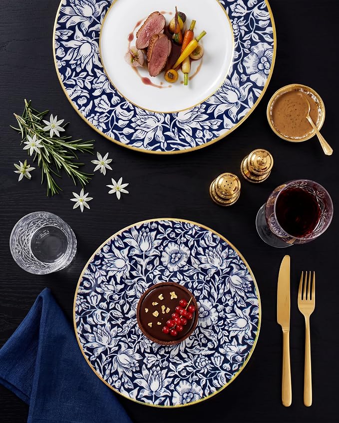 Hioasis 60pcs Plastic Disposable Plates Set - Blue & White Floral Pattern with Gold Rim, 10.25 Dinner & 7.5 Dessert Plates for Wedding,Anniversary,Party and Holiday