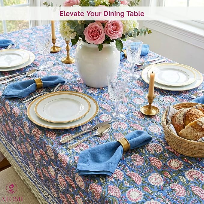 ATOSII Clover Pink 100% Cotton Rectangle Boho Fall Tablecloth, Handblock Floral Table Cloth Linen for Kitchen Dining I Parties Wedding Outdoors Christmas Thanksgiving I 72 X 140 Inches I 12 Seater
