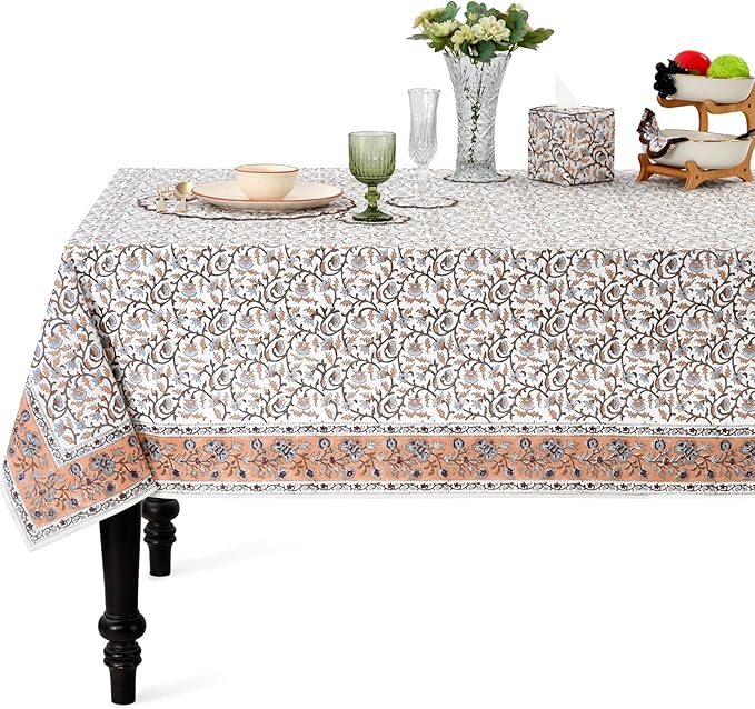 Ridhi Block Print Brown Meadow Vine Rectangle Cotton Tablecloth 108" x 60" Reusable Table Cover Decorative Everyday Use for Dining, Farmhouse, Home Gift for Spring, Easter, Valentine