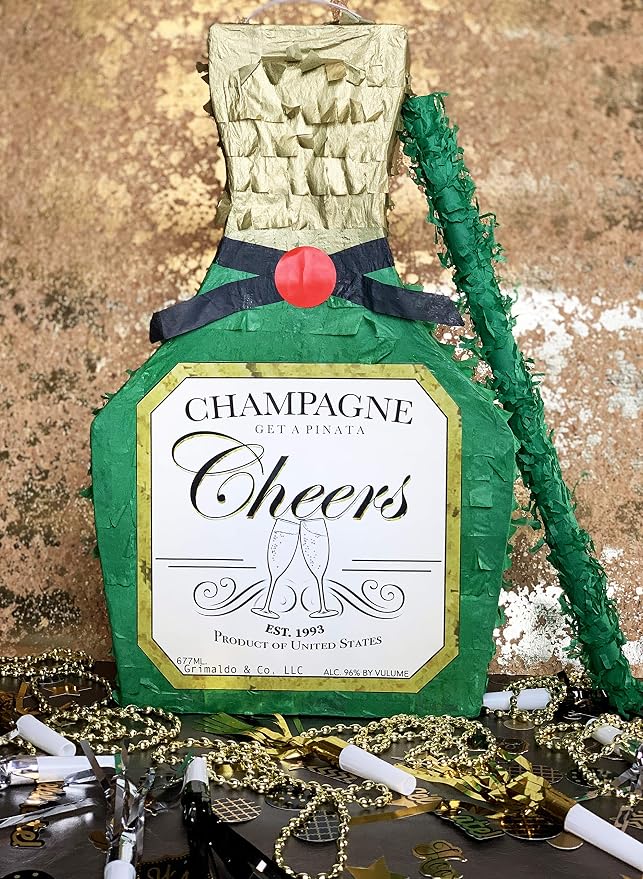 Jergrim Champagne Piñata with Stick, 17X11inches, Perfect for New Years 21st Birthday Decorations, Graduation, and Wedding Props. Fits party favor