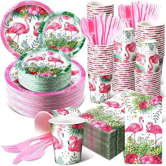 Sinmoe 400 Pcs Summer Plates and Napkins Set Summer Paper Dinnerware Disposable Party Supplies for 50 Guest Dinnerware Knife Fork Spoon for Birthday Party(Pink,Flamingo)