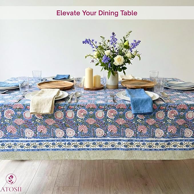 ATOSII Clover Pink 100% Cotton Rectangle Boho Fall Tablecloth, Handblock Floral Table Cloth Linen for Kitchen Dining I Parties Wedding Outdoors Christmas Thanksgiving I 72 X 140 Inches I 12 Seater
