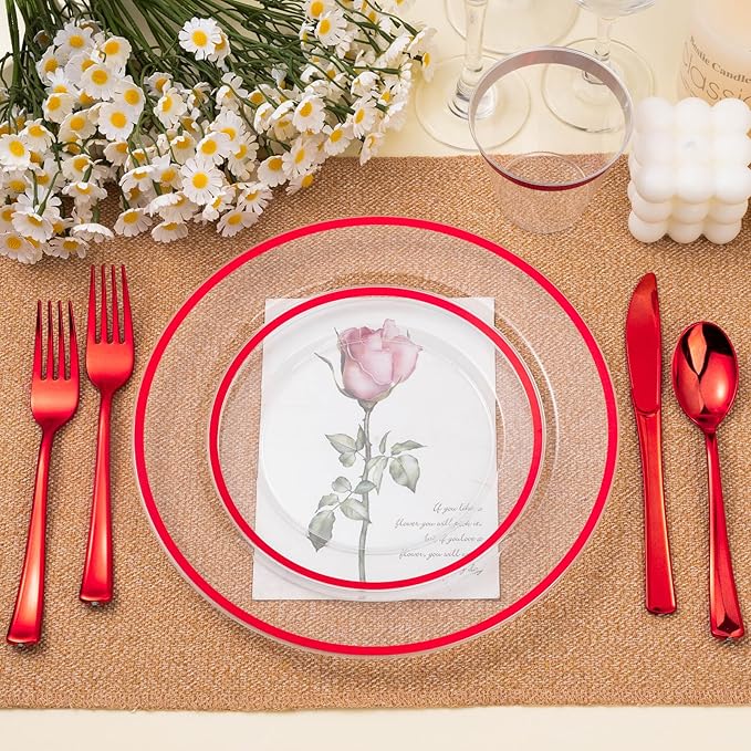 Beststar 350PCS Red and Clear Plastic Dinnerware Sets for 50 Guests, Include 100 Red Disposable Party Plates, 100 Forks, 50 Knives, 50 Spoons, 50 Cups,christmas party supplies