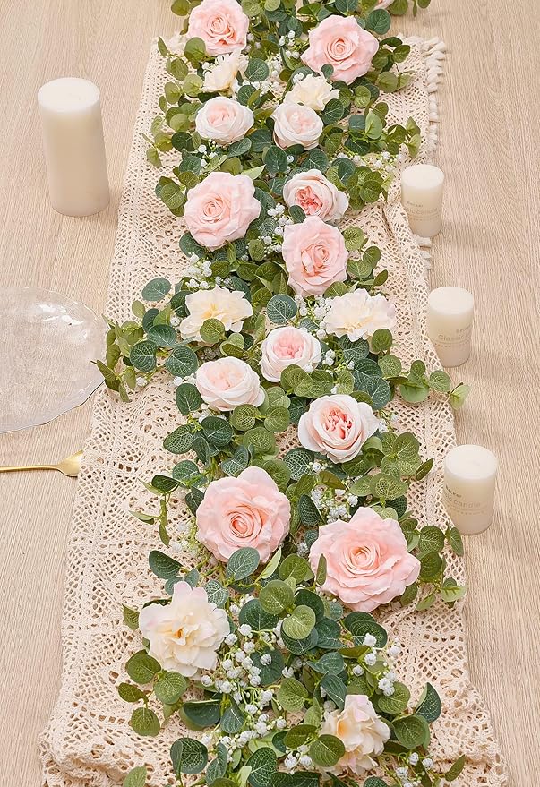 Anna's Whimsy 2PCS 5.91FT Artificial Eucalyptus Garland with Flowers, Fake Rose Gypsophila Garland, Faux Floral Garlands Greenery for Wedding Spring Home Party Table Runner Decor (Pink)