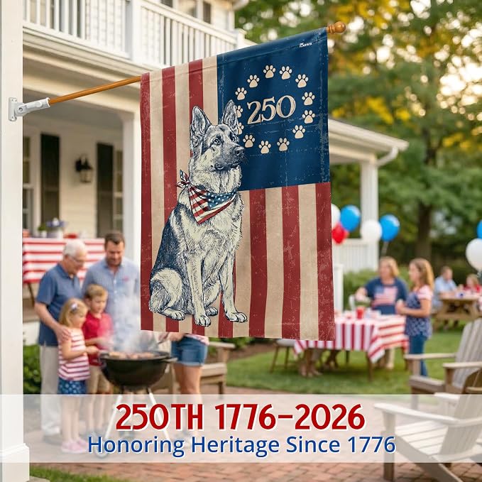 FLAGWIX American 250 Anniversary German Shepherd Flag - Polyester Double-sided House Flags For Outside (29.5" x 39.5") - 4th of July Decorations for Home Yard Garden Decor Banner, Gifts For Men Women
