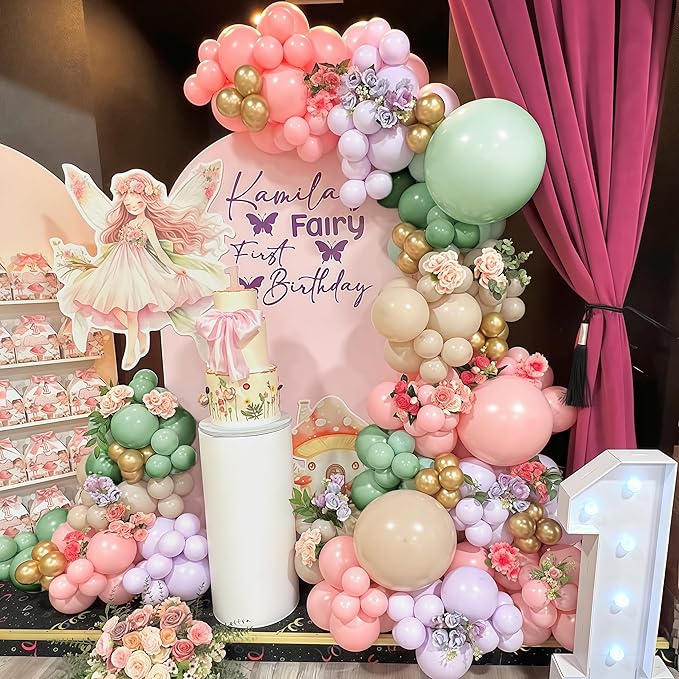 Sage Green Purple Pink Balloon Garland Arch Kit, 125pcs Dusty Green Pastel Lavender Purple Blush Pink White Sand Metallic Gold Fairy Balloon for Baby Shower Birthday Wildflower Floral Party Decoration
