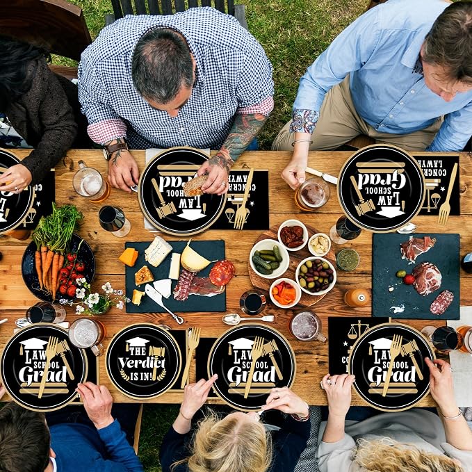 96PCS Law School Graduation Party Supplies Lawyer Congrats Grad Paper Plates and Napkins Black and Gold Congratulate Disposable Dessert Tableware for Class of 2026 Graduation Decor for 24 Guests