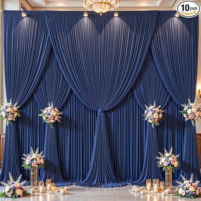 10 Panles Navy Blue Backdrop Curtains - Wrinkle Free Fabric Backdrop Curtain for Photoshoot, 10FT Wedding Party Photo Backdrop Drapes for Birthday Baby Shower Photography Stage Background Decorations
