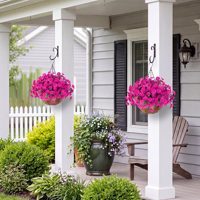 Sggvecsy Artificial Flowers for Outdoors with Baskets Hanging Plant Faux Flowers UV Resistant Fake Silk Morning Glory with Eucalyptus for Planter Porch Garden Home Spring Summer Decoration(Fuchsia)