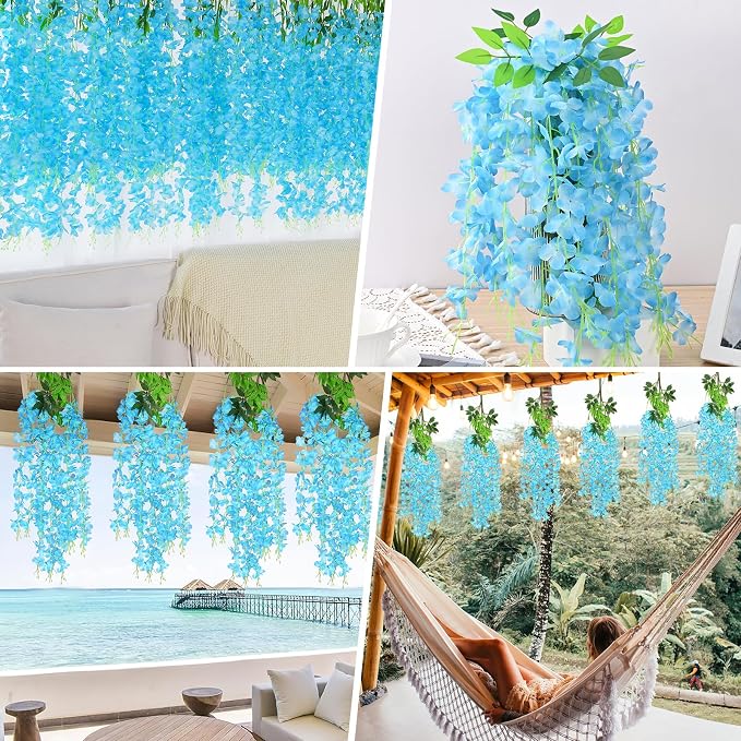 BLEUM CADE 36Pcs Blue Fake Wisteria Hanging Flowers, 3.6Ft/Pcs Artificial Wisteria Garland, Hanging Flowers for Wedding Party Home Backdrop Wall Decoration